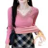 Blusas Quentes para Mulheres no Outono e Inverno, Renda Aveludada e Espessa com Decote V Roupas de Outono, Camisetas Básicas Justas, Tops para Usar por Cima