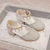 Sandálias Infantis, Saltos Altos, Sapatos de Princesa, Sapatos de Cristal para Meninas, Sapatos de Salto Único, Sapatos de Performance com Pérolas e Strass