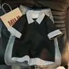 Verão 2026 Novo Estilo Moda Retrô Americana High-End Solta Emagrecedora Listrada Falsa Peça Dupla Gola Reversível Manga Curta Camiseta