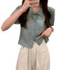 Diseño de Verano 2024 Camiseta de Punto Fino Holgada de Solapa y Manga Corta para Mujer, Top Corto Slim de Cintura Alta para Mujer