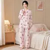 Suministro Directo de Fábrica Algodón Nube Cuadros Rosas Dibujos Animados Ropa de Casa para Mujer Solapa Manga Larga Pantalones Largos Pijama Conjunto Holgado Tallas Grandes para Mujer