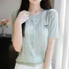 Cardigã de tricô bordado com gola redonda, modelagem solta e emagrecedora, para primavera e verão, blusa estilosa de manga curta, modelagem solta e emagrecedora, estilo coreano, para mulheres