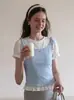Top de tirantes Thai azul y blanco ajustado de cuello redondo impresionante para mujer 2026 verano estilo chica caliente suave atuendo 2020