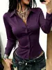 Camisa simples de cor sólida de manga comprida plus size para mulheres, anti-exposição com botões ocultos, corte slim e valoriza a silhueta para o local de trabalho.
