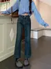 Jeans Lavados Azules Elásticos Estilo Retro Americano para Mujer, Nuevos Pantalones Acampanados Cortos Adelgazantes de Talle Alto Talla Grande