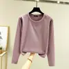 Camiseta térmica de cuello redondo para mujer, forrada de forro polar, otoño e invierno, talla grande, forrada de forro polar y engrosada, color liso, efecto adelgazante, capa base de otoño