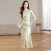 Vestido Verde Versátil de Manga Corta para Mujer, Nuevo Vestido Largo Estilo Chino Cheongsam Verano 2025