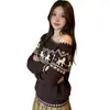 Suéter Tejido Jacquard de Cachorro Fair Isle Suave Vintage Hombros Descubiertos Manga Larga, Diseño Otoño-Invierno, Top Casual y Suave, Moderno