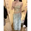 Vestido Largo Floral Azul Estilo Nuevo de Verano, Top Halter Puro Deseo, Falda de Cintura Alta, Vestido Largo, Conjunto de Dos Piezas Estilo Vacaciones