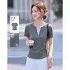 26 Verano Nuevo Ajuste Delgado Cuello Henley Alta Elasticidad Adelgazante Manga Corta Top Camiseta