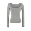Estilo puramente seductor, cuello en U grande, bolsillo de parche, dobladillo overlock, camiseta de manga larga, nuevo modelo de otoño, versátil, corte ajustado, estilo corto, top básico de chica popular para mujer