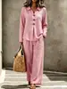 Conjunto de dos piezas de moda casual para mujer, transfronterizo europeo y americano, 2026, con cuello polo abotonado y manga larga, pantalón largo