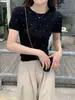 Top de Verano para Mujer Estilo Francés Elegante Color Block Lunares Cuello Redondo Manga Corta, Corte Ajustado, Rejuvenecedor, Camiseta de Punto Suave