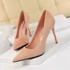 825-3 Moda Coreana Elegantes Simples Tacones de Aguja Gamuza Boca Baja Punta Fina Tacones Altos Zapatos de Mujer Sexy Delgados