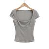 2025 Verano Clavícula Ajustado Elegante Top Corto Transfronterizo Sexy Chica Picante Dulce Camiseta de Manga Corta con Cuello Grande para Mujer