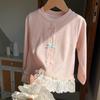 Camiseta Base Doce com Laço para Meninas para Primavera e Outono, Blusa Infantil Canelada Gola Redonda com Babados para Roupa Externa