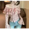 Camisa Coreana con Volantes Florales de un Hombro para Mujer, Top Off-Shoulder Rosa Puro para Primavera y Otoño, Único y Hermoso