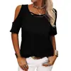 Moda Casual Feminina 2025 Primavera e Verão Europeia e Americana Transfronteiriça Amazon Wish Cor Sólida Ombro a Ombro Solta Manga Curta Camiseta para Mulheres