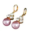 Nuevos Pendientes de Perla con Flor de Pétalo de Tres Hojas, Pendientes de Perla Morada de Alta Gama, Pendientes Elegantes y Dulces de Lujo Accesible para Mujer