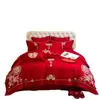 Nuevo Juego de Cuatro Piezas para Boda China Rojo Grande Algodón Puro Cepillado Bordado de Dragón y Fénix Funda Nórdica Habitación de Boda Ropa de Cama para Dote