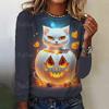 Camiseta de manga larga de Halloween para mujer, otoño e invierno, linda camiseta con estampado 3D de gato, diseño original, jersey para vacaciones
