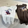 "Cacho de Tomates Pequenos" Camiseta Estampada de Manga Curta para Mulheres, Caimento Solto, Tecido Escovado, Estilo Coreano, Engrossada, Gola Redonda, Camada Base para o Início da Primavera