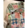 Pijama de Manga Larga a Cuadros con Oso de Dibujos Animados para Mujer 2025 Primavera y Otoño Nuevo Talla Grande Holgado Cárdigan Pantalones Largos Conjunto de Ropa para el Hogar