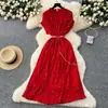 Diseño Francés Cuello en V Manga Campana Cintura con Cordones Vestido Floral de Chifón para Mujer Delgado Elegante Retro Falda Larga
