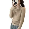 Camisa base de malha vazada para mulheres, primavera e outono, suéter pullover justo, modelagem slim, top de manga comprida, tamanho único, estilo europeu e americano
