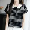 Camiseta de Tricô Lyocell com Gola Polo, Listrada Color Block, Manga Curta, Estilo Novo Verão 2026, para Mulheres