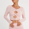 Camiseta de manga larga con cuello redondo para mujer, primavera y verano, color sólido, costuras de moda, sexy, con anillo de imitación de diamante hueco en el ombligo, top para mujer