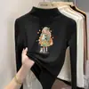 Camiseta interior base de forro polar de doble cara para niñas, nueva camiseta casual versátil con estampado de dibujos animados, camiseta de cuello alto a la moda