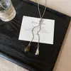 Colar Pingente de Borla Gota d'Água em Pedra Olho de Tigre Vintage para Mulheres, Design Outono e Inverno, Corrente Longa Ajustável para Suéter
