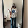 Suéter de Cuello Redondo para Mujer Sudadera con Capucha Rockera Top Estampado Personalidad Original Artístico Retro Base Japonesa y Coreana Camiseta de Moda Genial