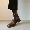 Botas Femininas de Couro Genuíno Cano Curto 2026 Outono/Inverno Novas Chelsea com Solado Silencioso Bico Quadrado Salto Bloco Botas Elásticas Efeito Emagrecedor