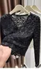 Camisa Base de Encaje Floral de una Sola Capa con Cuello en V para Mujer Otoño 2025, Ropa Interior Elegante, Top Corto Espeso Cepillado Elegante