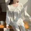 Pijama de Algodón Nube para Mujer, Estilo Princesa Primavera y Otoño Encaje Manga Larga Dulce Casual Delgado Conjunto de Ropa para el Hogar para Mujer
