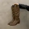Botas Altas Marrones de Tacón Grueso con Cuello en V para Mujer 2026 Otoño/Invierno Nuevas Botas Altas de Ante Estilo Caballero Botas Holgadas Estilo Occidental