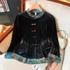Novo cardigã de gola alta abotoado de manga longa estilo chinês para mulheres, nova moda primavera e outono 2025, top de veludo para o dia a dia