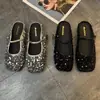 Zapatos Planos Slip-On Cuadrados con Lentejuelas Plateadas para Uso en Exteriores, Nuevos Zapatos Mary Jane Planos Primavera/Verano 2025, Artículo Popular de Celebridad de Internet