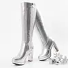 Botas de cano alto transfronteiriças para outono e inverno, bico redondo, cor sólida, salto médio, botas femininas plus size, plataforma impermeável versátil, botas de montaria de cor sólida para comércio exterior