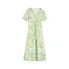 Descuento por tiempo limitado Shengdu Vestido verde floral elegante de manga abullonada con cuello en V para adelgazar para mujer