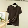 Camiseta casual feminina estilo coreano para primavera e verão, cor sólida nova, estilo preguiçoso, gola redonda elegante, manga curta, corte solto, simples