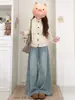 Jeans anchos de mezclilla azul claro, relajados y casuales para mujer, lavados de otoño, sueltos, adelgazantes, de cintura alta, rectos, de largo hasta el suelo.
