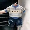 Suéter Pulôver Bordado de Urso Cartoon Estilo Coreano para Crianças Outono Inverno Novidades Meninos Meninas Listrado Malha Quente