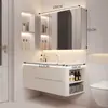 Gabinete Lateral Inteligente Combinado de Madera Maciza Estilo Crema de Lujo Ligero Gabinete de Baño con Lavabo Cerámico Integrado