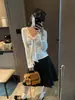 Mochie Outono Novo Estilo Estilo Coreano Renda Patchwork Gravata Borboleta Amarração Decote V Manga Longa Camiseta Top MQ1615