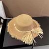 Sombrero de Paja para Vacaciones Borde Francés Lazo Concha Sombrero Plano para Playa Verano Puntada Dulce Color Sombrero de Paja Superior