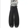 Calça preta de alta qualidade com rebites, corte justo, corte curvo para homens, estilo primavera, silhueta relaxada, calça longa casual de perna larga