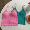 Chaleco sin tirantes estilo coreano de verano 2022, color verde, con tirantes finos, espalda descubierta, encaje, escote en V, sin aros de acero y almohadilla para el pecho para mujer